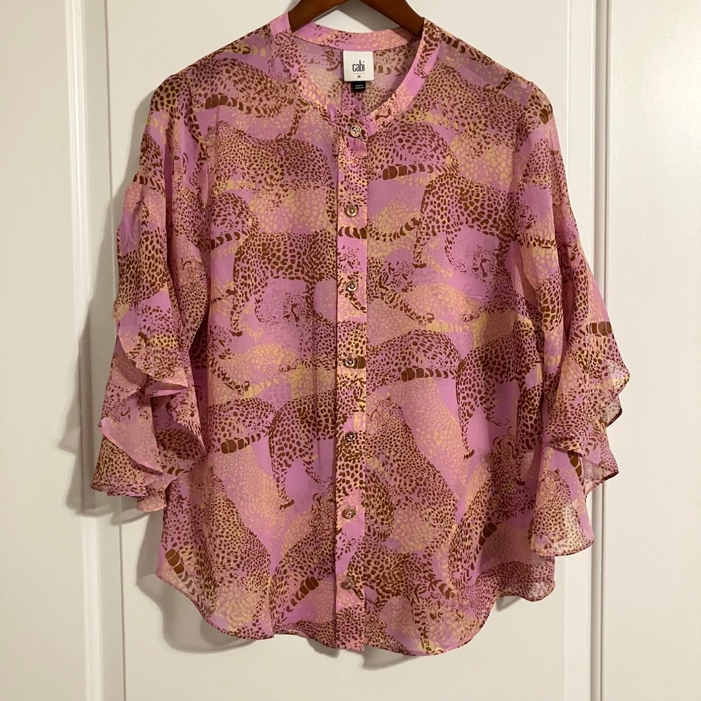 Cabi‎ Sheer Minx Blouse #5711 Button Down Lilac Leopard Flare Sleeves Medium